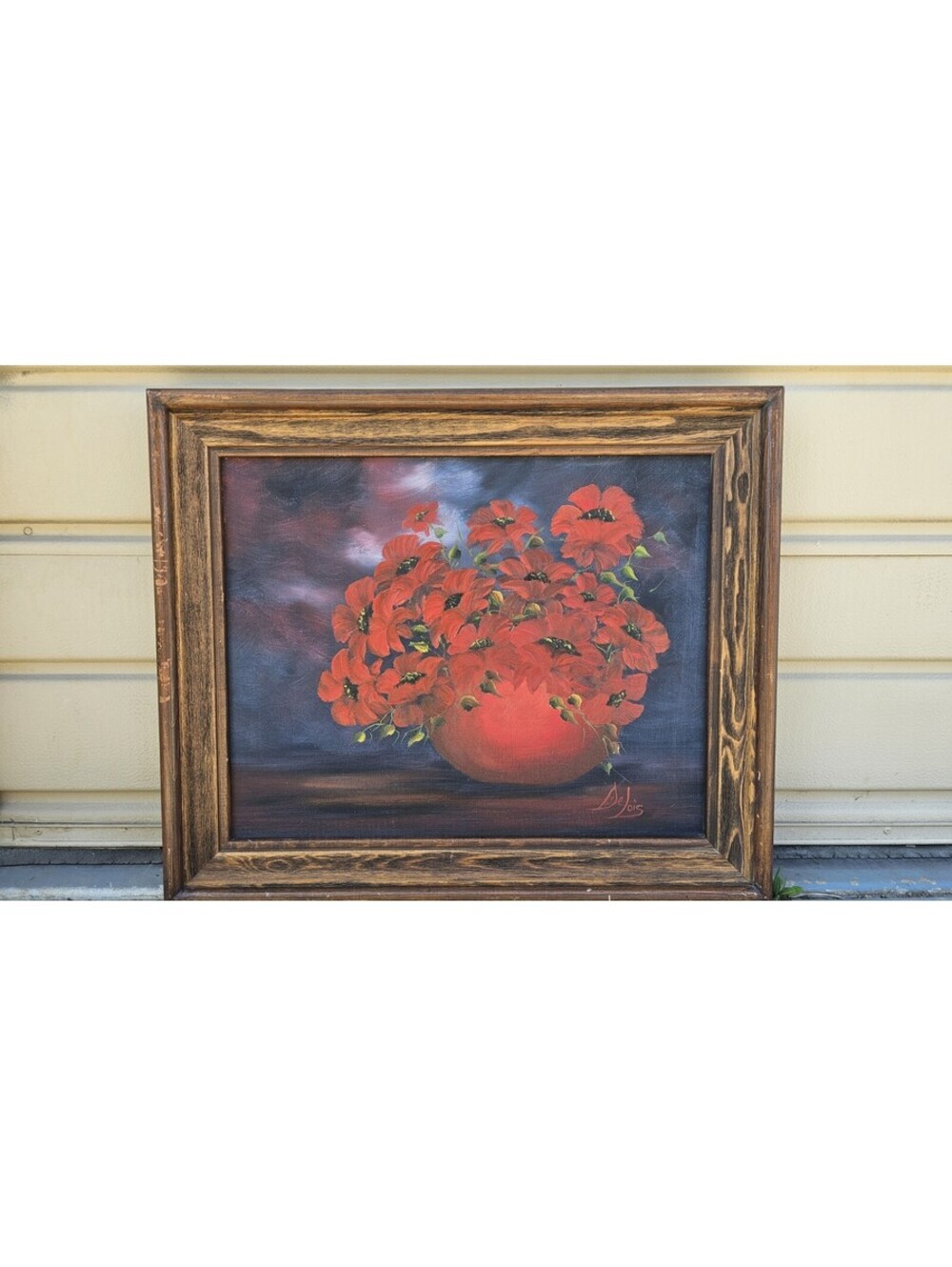 Vintage Original Oil Painting Red Poppies Floral Still Life Signed Delois Framed